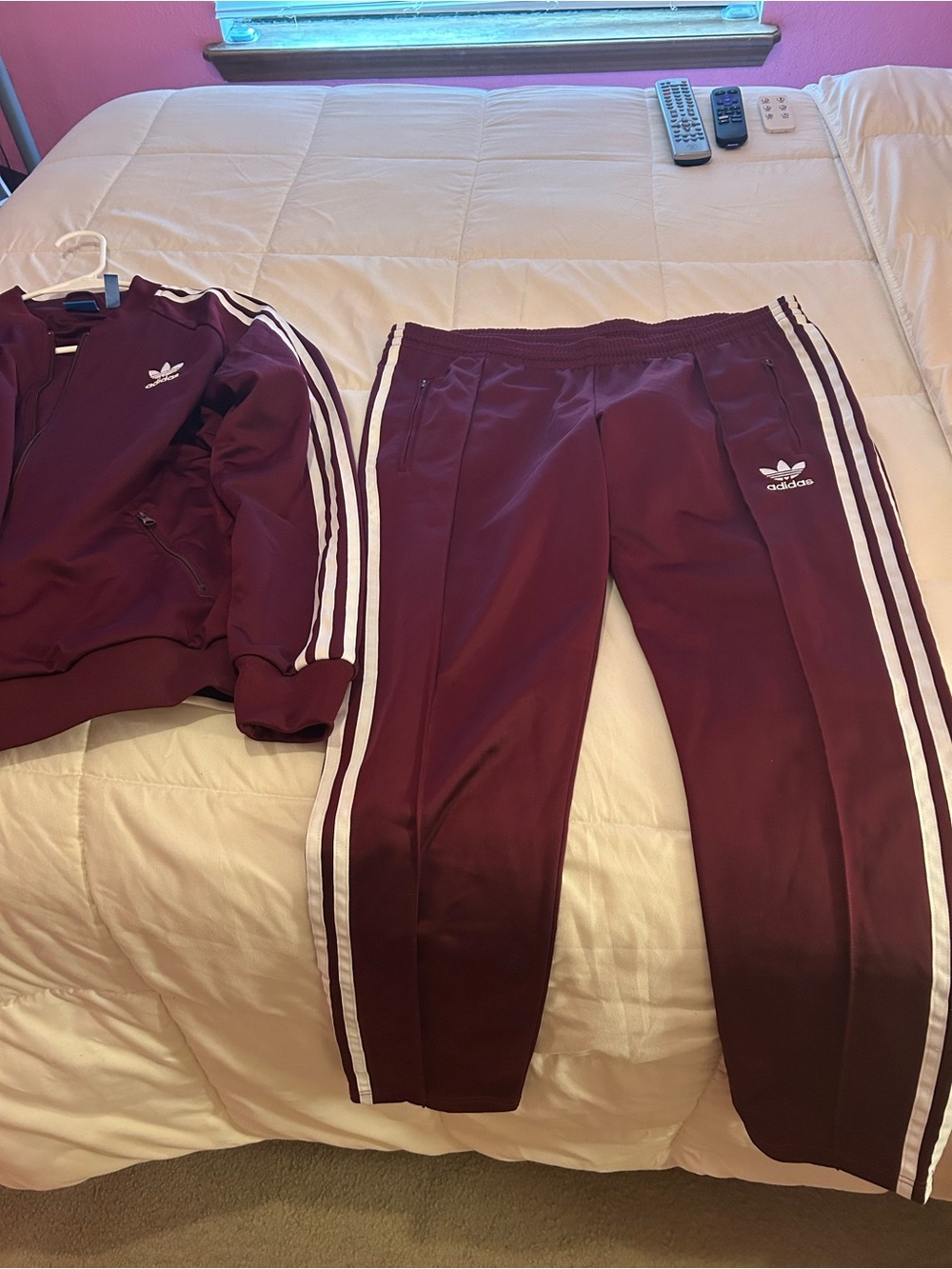 adidas Woman Maroon Track Pants and Jacket with White Three Stripes
